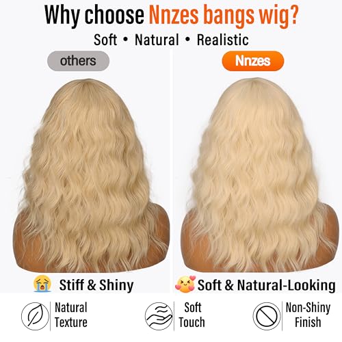 Image of Nnzes Short Wavy Bob Wig with Bangs for Women Shoulder Length Curly Soft Ash Blonde Synthetic Heat-Resistant Fiber Hair for Daily & Party Use