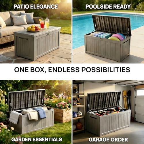 Image of Large 231 Gallon Resin Deck Box, Heavy Duty Lockable Patio Storage Box Outdoor, Waterproof Tool Box for Garden Furniture Cushions & Pool Supplies, Wood Grain Outdoor Storage Bench for Backyard