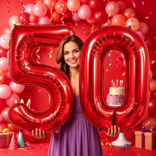 Image of Number Balloons Red Party Balloon - 40 Inch Large Number 50 Balloon, Numbers Balloon Birthday Decorations, Red Party Supplies for Anniversary