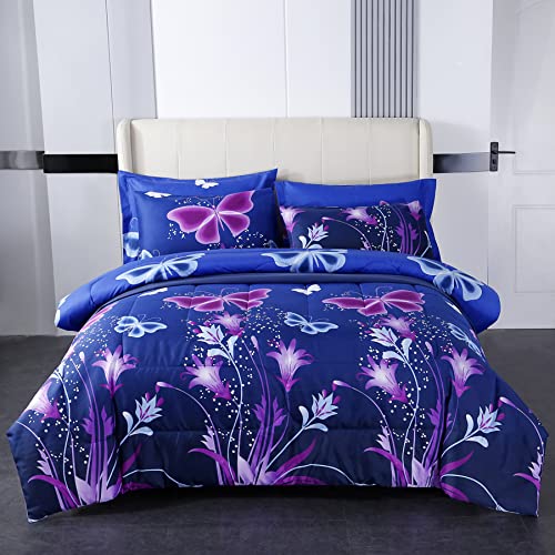 Mengersi Butterfly Comforter Set Queen Size,Reversible Purple Flowers Bedding Comforter Set All Season Bedding Sets With 2 Pillow Shams For Girls Adults #TOP1