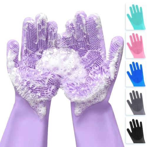 Silicone Dishwashing Gloves with Scrubber - 1 Pair Dish Gloves for Women Silicone Gloves Purple Cleaning Gloves with Bristles Silicone Dish Scrubber - Scrub Gloves Silicone Scrubber for Dishes by ALPENKOK - Used condition - CA$13.40