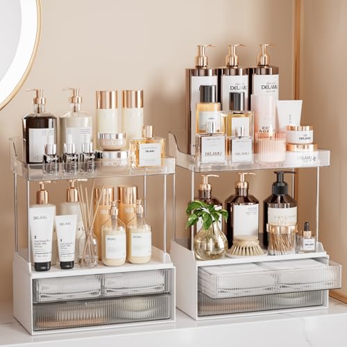 Delamu Bathroom Organizers and Storage, 2-Tier 2-Drawer Makeup Organizer Countertop, Easy to Install, Ideal for Bathroom Storage, Vanity, Large Skincare, Perfume, Present, and More, Clear 2pack