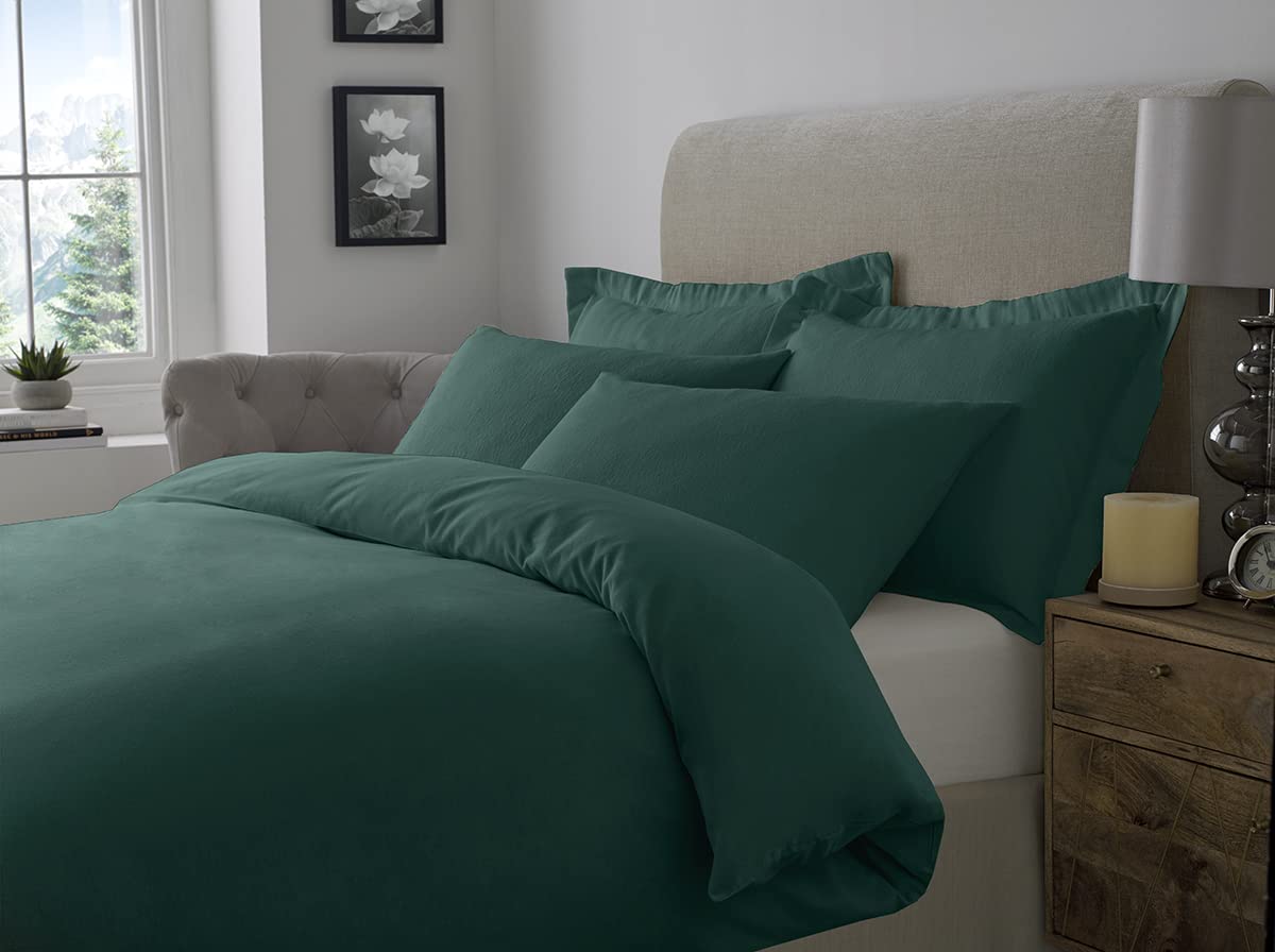 100% Brushed Cotton Duvet Cover Sets | Plain Dyed Reversible Flannelette Bedding Sets With Matching Pillowcases (Double, Dark Green), BCDC