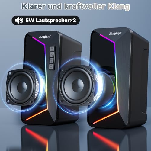 SOULION R40 PC Lautsprecher, USB-C/USB-betriebene Computer Stereo mit Lautstärkeregler, LED-Beleuchtung, PC Boxen mit USB/Bluetooth Modus für Smartphone, Laptop,Desktop und Monitor, 1 Paire, Schwarz