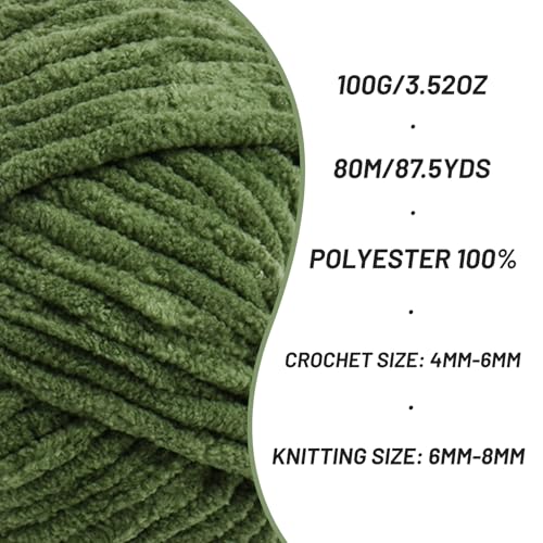 Image of 3 Pack Fluffy Chenille Yarn for Crocheting, Chunky Velvet Yarns for Crochet Amigurumi, Baby Yarn for Crocheting Soft Blanket, 262.4yds /10.5 oz Bulky Yarns for Crafts /Hats /Shoes /Socks (3 Army Green)