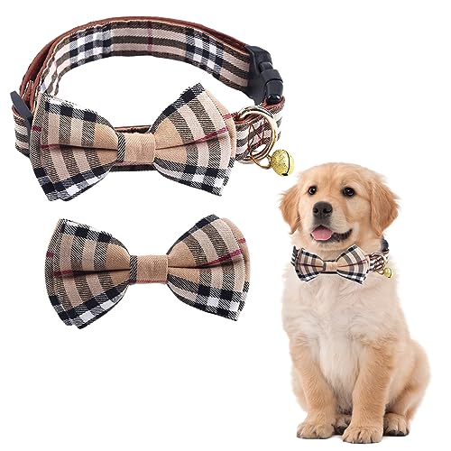 Kryzalite® Collare regolabile per cani con papillon, stile a quadri, collare elegante e morbido, fibbia di sicurezza, non si sgancia facilmente, per animali domestici (kaki) – S