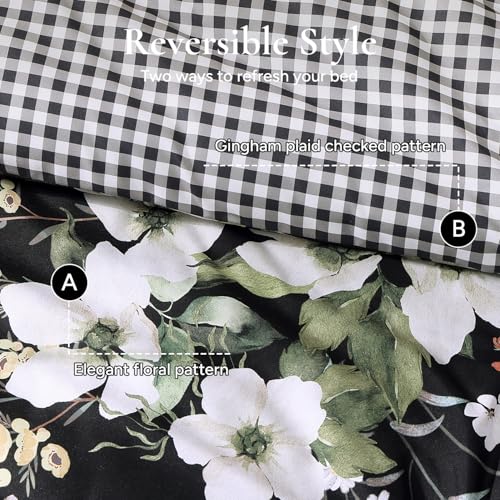 Image of Andency Queen Size 7 Piece Reversible Bed in a Bag - Botanical Floral & Gingham Comforter Set, Farmhouse Vintage Rustic Comforter,Black