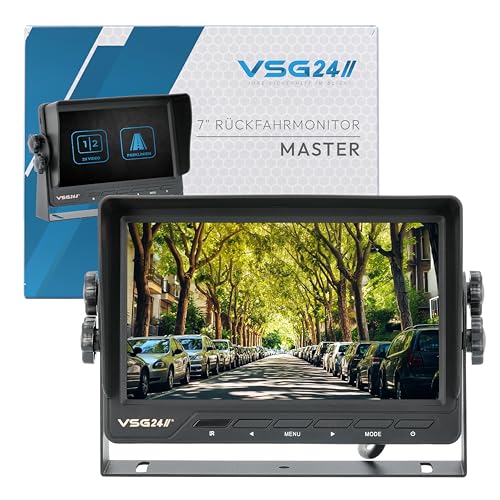 VSG24 Rückfahrmonitor Master – 7 Zoll Bildschirm, 2 Kameraeingänge, Trigger, Distanzlinien, Direktwahltasten, 12-24V, Rückfahrkamera Monitor für Auto, Wohnmobil, Einparkhilfe, rückfahrkamera Kabel