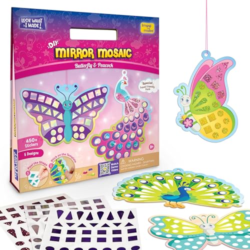 Image of Imagimake Mirror Mosaic Butterfly & Peacock | DIY Return Gift | Craft Kit | Mirror mosaic art kit: 5 templates & 450+ shiny, sparkly & rainbow foil stickers; peel & stick butterfly & peacock art
