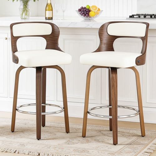 Image of Swivel Bar Stools Set of 1, 26 inch Counter Height Bar Stools, Mid-Century Modern PU Leather Modern Island Chairs with Back and Footrest, for Kitchen, Bar, Restaurant, Cafe (White)