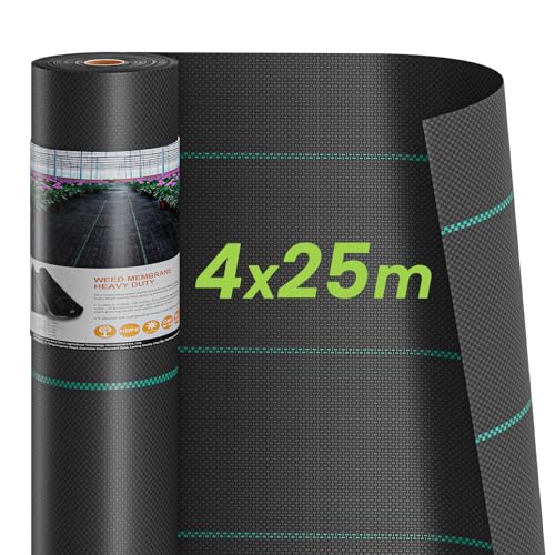 Dripex Malla Antihierbas 4mx25m, 94g/m² Tela Geotextil para Control de Maleza, Resistente a la Rotura y Estabilizada contra UV, Tela para Control de maleza para Jardin, Huerto