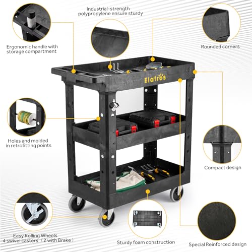 ELAFROS 3 Shelf Heavy Duty Utility Cart, 34\" x 17\" x 38.5\", Rolling Work Cart with 4 Swivel Wheels, Mail cart deep Shelves, Safely Holds up to 550 lbs 3-Tier Service Cart Tool Cart, Black - Thumbnail 3