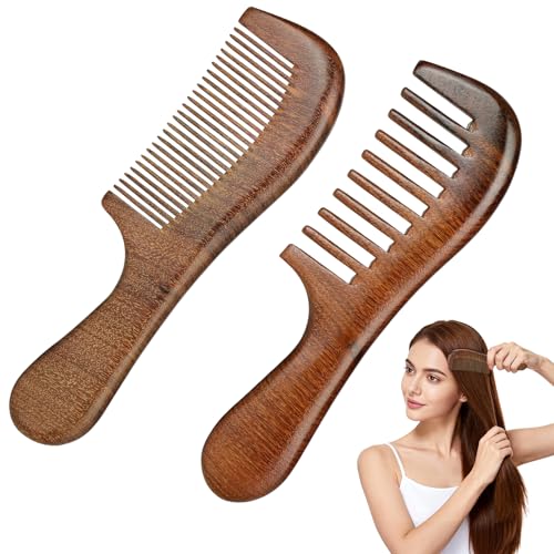 ALIIP Lot de 2 Peignes en Bois de Santal Doré (Dents Larges + Dents Fines) avec Manche Rond, Set Démêlant et de Précision pour Soin Complet des Cheveux, Cadeau