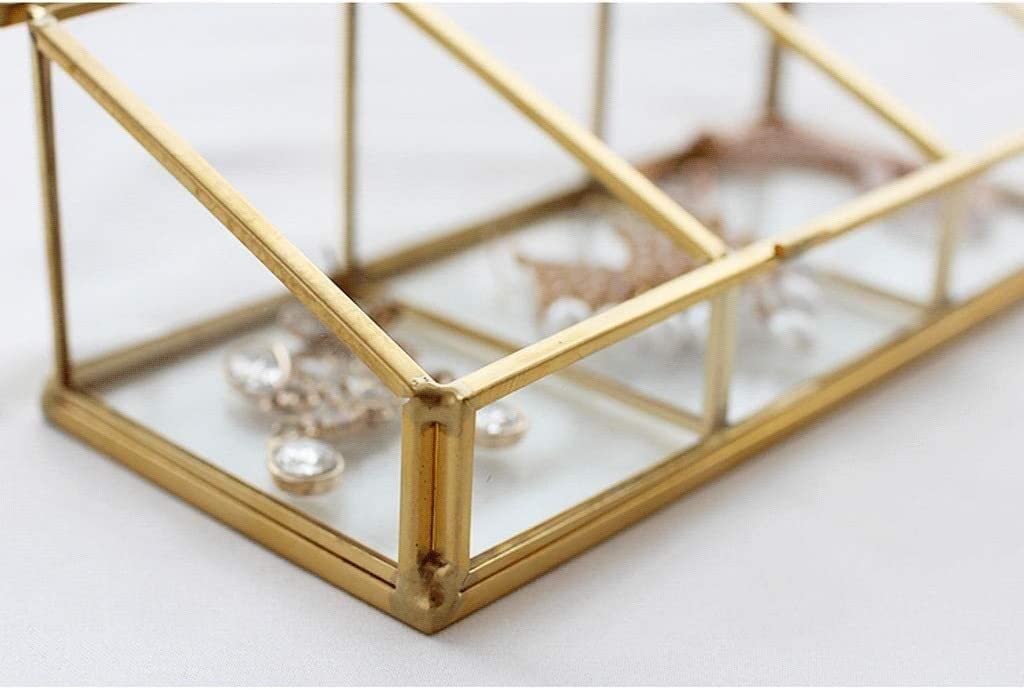 Organizer na Biżuterię Złoty Przezroczysty Szklany I Mosiężny Metalowy Stojak Na Biżuterię Z Pokrywką 3 Przegródki Pierścionki Bransoletka Organizer Etui do Przechowywania
