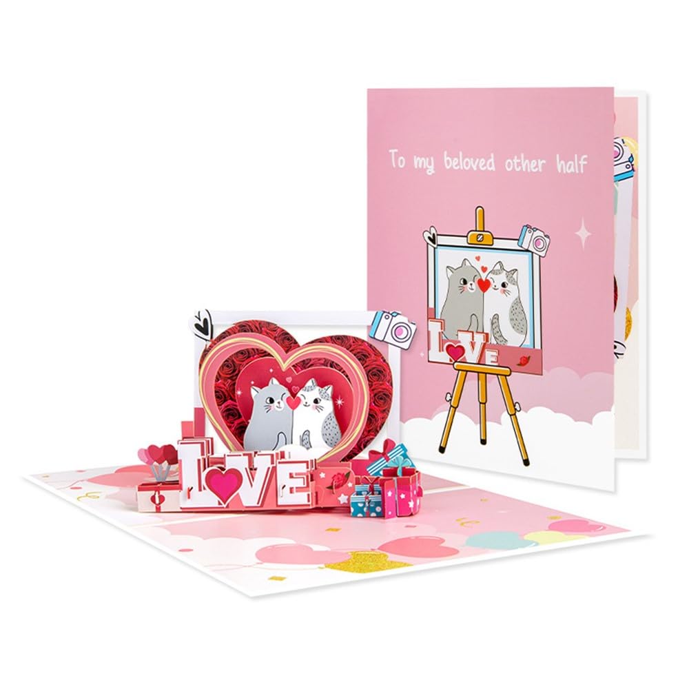 3D Pop Up Cat Card I Love You Couple with Hearts Valentine’s Day Anniversary Birthday Card — image 1
