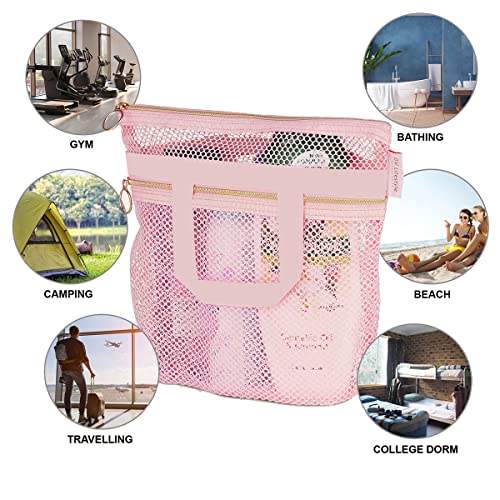 VOANZO Portable Mesh Shower Bag Ideal for Gym Travel Camp Beach Pink - Image 3