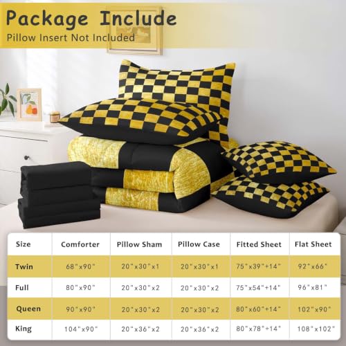 Image of Checkered Retro Comforter Set With Sheets 7 Piece Twin Size Golden Black Plaid Bed in a Bag Kids Boys Girls Geometric Vintage Bedding Set Modern Simple Groovy Aesthetic Bedroom Decor Breathable Soft