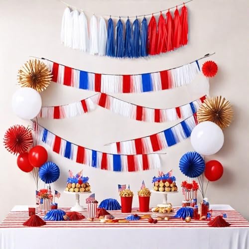 Image of 15pcs Red Blue White Tassel Garland Banner Tissue Paper Tassels for 4th /Fourth of July Patriotic Decorations