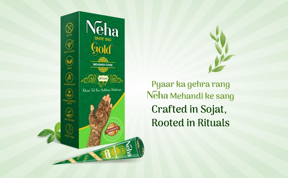 Image of Neha GOLD Mehandi Cone Pure Henna Paste with Essential Oils for Application on hand, feet & body for temporary tatoo - 25g each (Pack of 4) - Net weight 100g