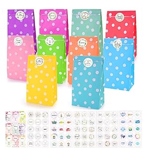 O-Kinee 50 Papieren kleine snoepzakjes, feestzakjes, kleurrijke cadeauzakjes met stickers voor verjaardagen, babyshowers…
