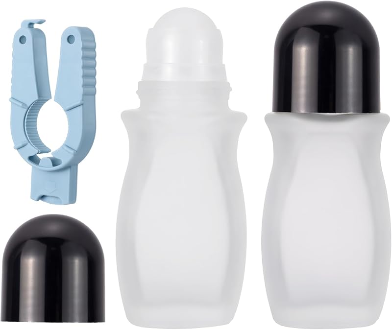 Kesell Frascos de Vidro com Esfera Roll-On, 50 mL, Tampa Preta, Pacote com 2 e Abridor