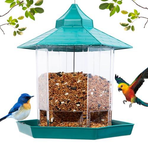 Hexagon House Bird Feeder - Squirrel Proof & 1000ml Large Capacity, Auto-Dispense Seed for Cardinals/Finches, Outdoor Hanging with Drain Holes (one Green)