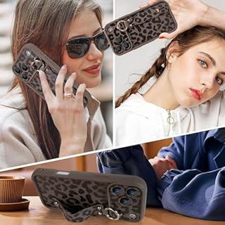 Jefonha Compatible with iPhone 17 Pro Max Case with Finger Hand Wrist Strap for Girls Women, Cute Leopard Cheetah Phone Case with Wristband Kickstand, Durable Silicone Protective Cover, Brown Leopard