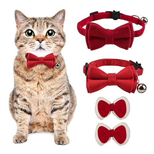 URROMA Collare per gatti con campana e papillon, regolabile in fibra di poliestere collare per gatti di sicurezza papillon solido matrimonio Natale rosso gatto fiocco collare, S