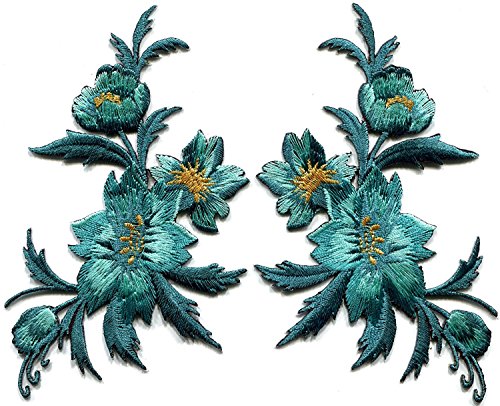 3 x 5.13 inches. Blue Green Teal Flowers Pair Floral...
