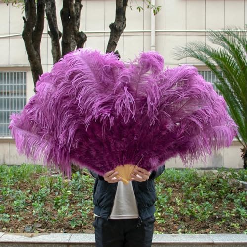 2 abanicos de plumas de avestruz de color rosa melocotón, plegables, de mano, para decoración, para actuaciones, fiestas, espectáculos, 130 cm (44 cm), color morado rojizo (130 cm), 1 unidad, derech