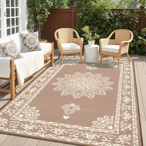Yamaziot 6x9Ft Outdoor Rug Waterproof Plastic Straw Patio Rug, Beige Brown