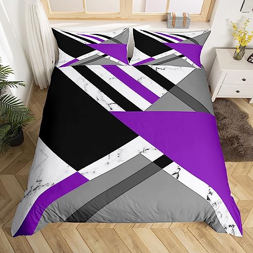 Homewish Housse de Couette Géométrique 200x200 avec 2 Taies d'oreiller - Parure de Lit Violet Gris Noir pour Fille Homme - Ensemble de Literie À Rayures...