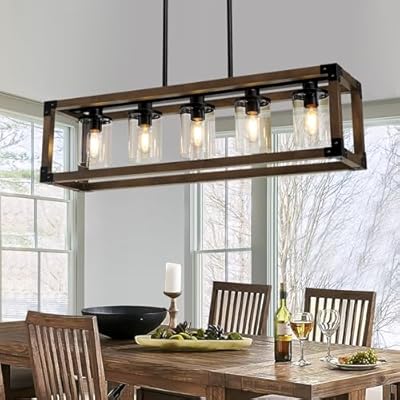 5-Light Kitchen Island Lighting, 35.4-Inch Hanging for Farmhouse Linear Chandeliers,Dining Room Light Fixture/Chandelier Over Table,Black Rustic Wooden Ceiling Chandelier,with Clear Glass Shade