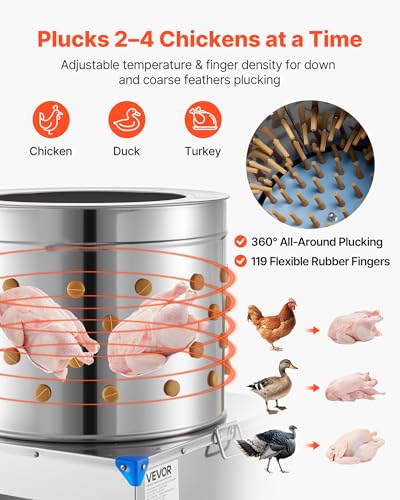 Image of VEVOR Chicken Plucker Machine, 23.6 in Drum, 2200W & 240RPM Electric Chicken Plucking Machine with 119 Soft Fingers & Transport Wheels, Stainless Steel Feather Remover for Processing 2-4 Chicks Once