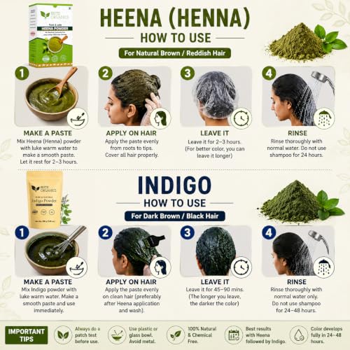 Image of Natural & Pure Powder for Grey hair (ZERO CHEMICAL) Large Pack, Organic Indigo Powder for hair Black. NO PPD, NO AMMONIA. Microfine & Triple Filtered, with Gloves & Cap, Avuri Akulu, Indigofera Tinctoria (Heena 350g + Indigo 200g)