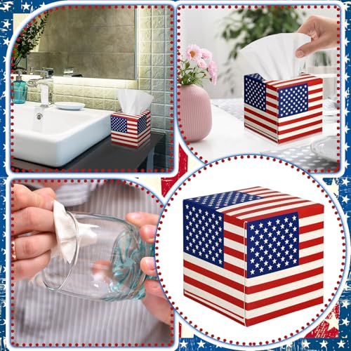 Image of Fourluoo 12 Pcs Patriotic Facial Tissues Cube Face Boxes 600 Sheets 3 Ply Red White Blue Square Tissue Bulk for Veterans Day Independence Car Bedroom Supply(American Flag)