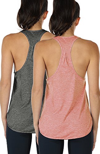 icyzone Träningslinne för kvinnor – atletiska yogatoppar, racerback löparväst topp, 2-pack, Träkol/Rosa, L