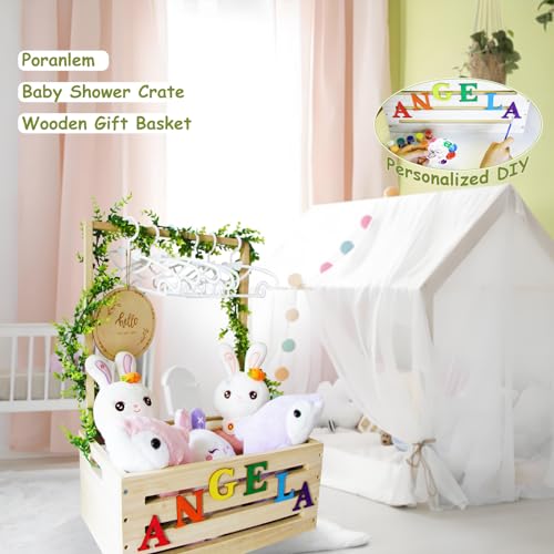 Image of Baby Shower Crate Closet Wooden Gift Basket for Girls Nursery Boy Welcome Box Storage Hamper with Handle Garland Clothes Racks 52 Letters Newborn Name Tag Color DIY, Large