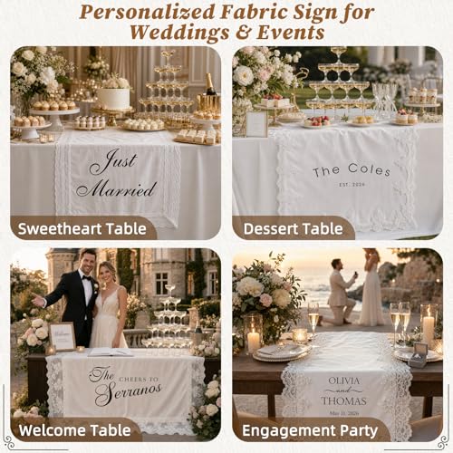 Image of Personalized Wedding Table Runner with Lace Trim, Custom Table Decor Banner | Customized Sweetheart Table Runner with Cheers to Lace Head Table Banner for Wedding Reception Engagement Party