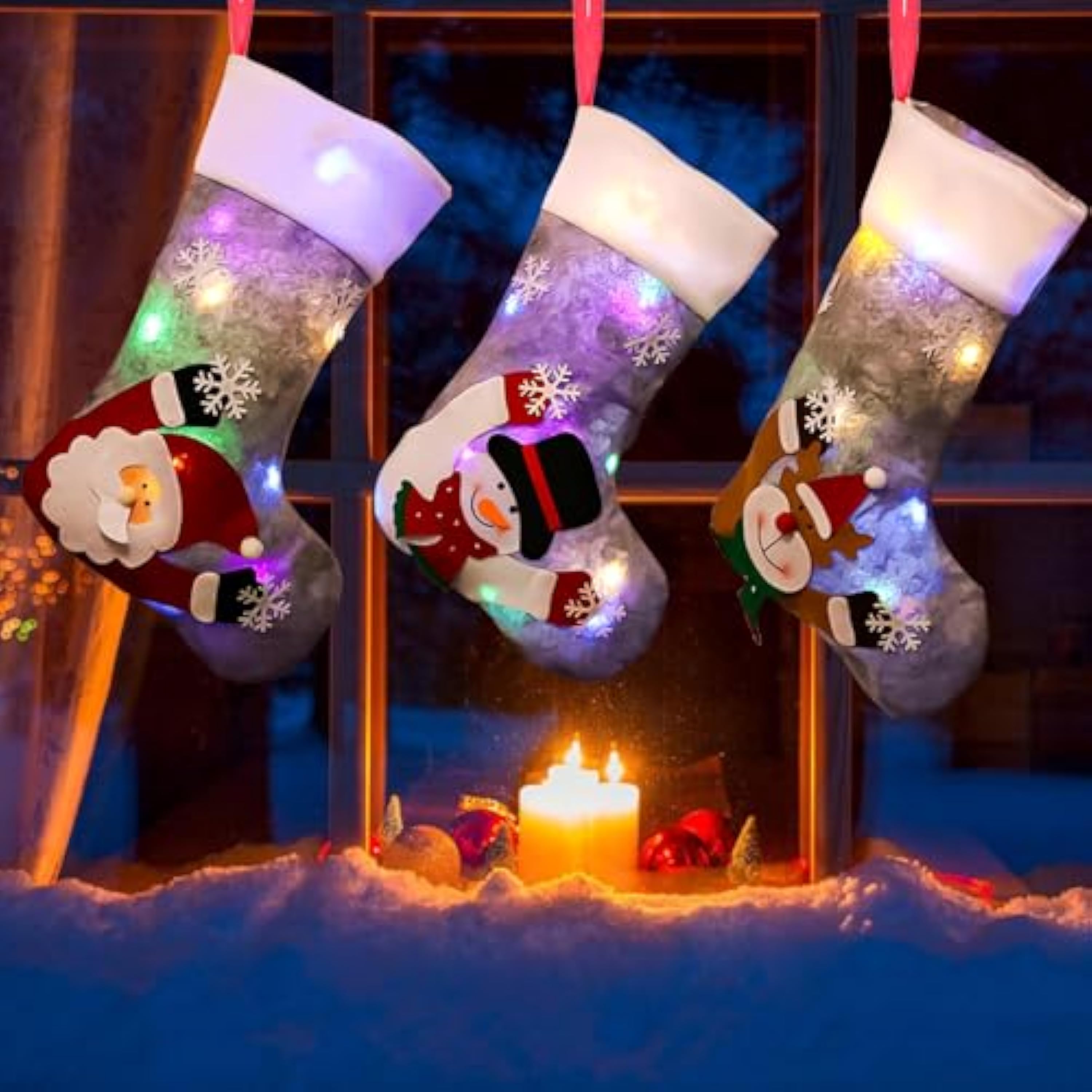 Juego de 3 medias navideñas: 30 x 20 cm, calcetines de Papá Noel con luces LED, calcetines luminosos, bolsa de regalo, botas de Papá Noel, muñeco de nieve, reno