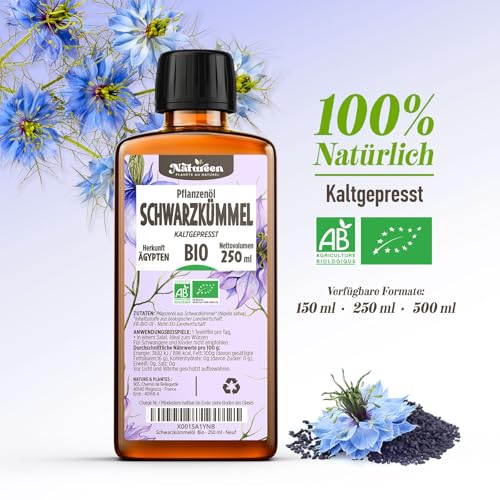 Bio Schwarzkümmelöl - 250 ml - 100% Bio, Rein, Natürlich & Kaltgepresst, ungefiltert, hoher Thymochinon, Omega Fettsäuren, vegan, ohne Zusatzstoffe