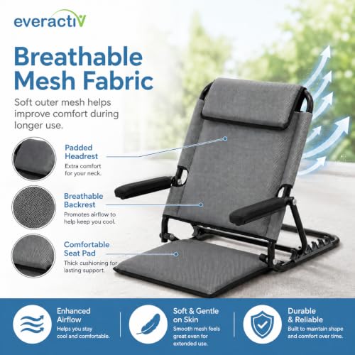 Image of Everactiv Adjustable Bed Back Support with Armrest, Foldable 6 Position Bed Rest Chair for Elderly, Reading, Resting & Recovery