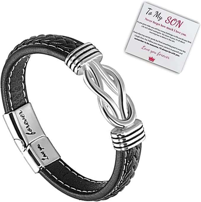to My Son Svana Bracelet Gifts from Mom/Dad, Mother and Son Forever Linked Together Braided Leather Bracelet Stainless Steel Cross Men Bracelets, Leather Inspirational Bracelets Bangle Wristband Jewelry Gift for Men