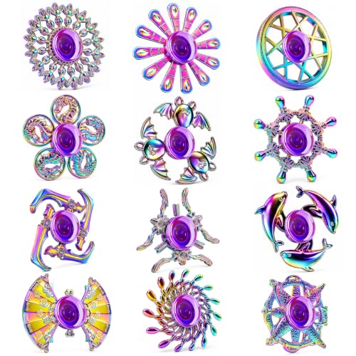 12-Pack Alloy Metal Fidget Spinners, Durable Office Desk Sensory Toys for Stress Relief & Anxiety, Cool Fidget Spinners Bulk, Fidget Toy Gift for Kids Adults, Christmas Party Favors