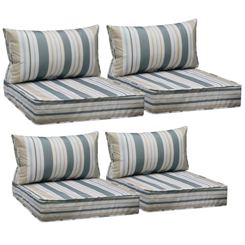 Image of AAAAAcessories Outdoor Seat Cushions for Chairs, Fade-Resistant, Waterproof Patio Furniture Replacement Cushions, 25.5 inch x 25.5 inch x 5 inch + 25.5 inch x 13.5 inch, Set of 4, Slate Gray Blue Coastal Stripe
