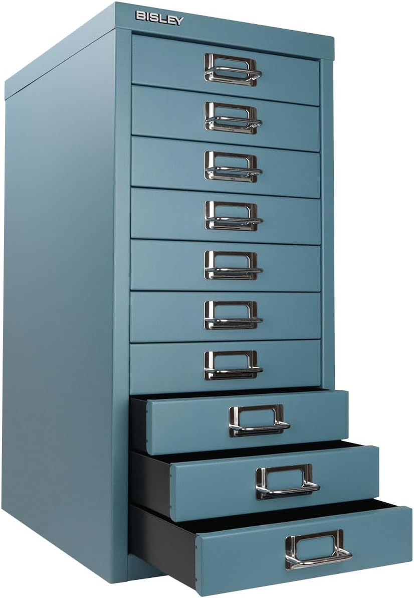 Bisley 10-Drawer Steel MultiDrawer Cabinet - Doulton Blue, Chrome Pull Handles with Label Holders, Powder-Coated Steel, Removable Drawers, Fits Under Most Desks, Labels Included
