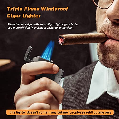 Fankai Cigar Lighter - Torch Lighter With Deep Cigar Cutter V Cut Up To 60G - Cigar Accessories Cigar Holder - Lighters For Smoking With Triple Jet Flame - Refillable Butane Lighter-Cigar Gift For Men #TOP6