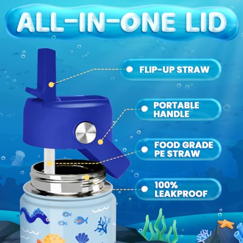 Image of SANDJEST Kids Water Bottle with Straw Lid - 12 Oz Insulated Stainless Steel Ocean Water Bottles for Kid Boys - Travel Cup for School Sports