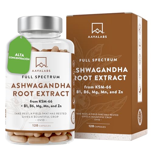 Ashwagandha KSM-66 1000mg - 5% de Withanólidos - con Magnesio, Manganeso, Zinc y Vitamina B6, B1-120 Aswaghanda Capsulas