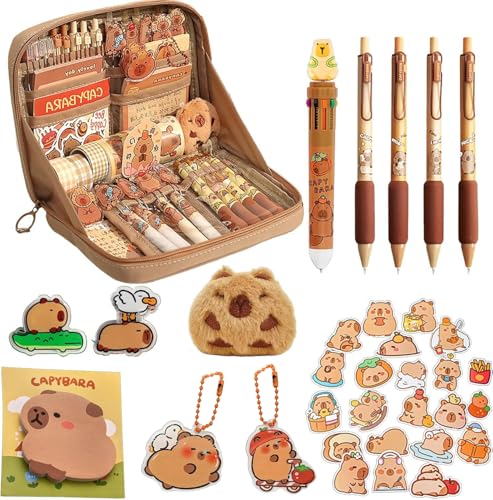 Cute Capybara Pencil Case Stationery Gift Set Cartoon School Supplies Kit with 10 Compartments Pen Pouch Sticky Note Clip Brooch Keychain Sticker for Kids Student Office